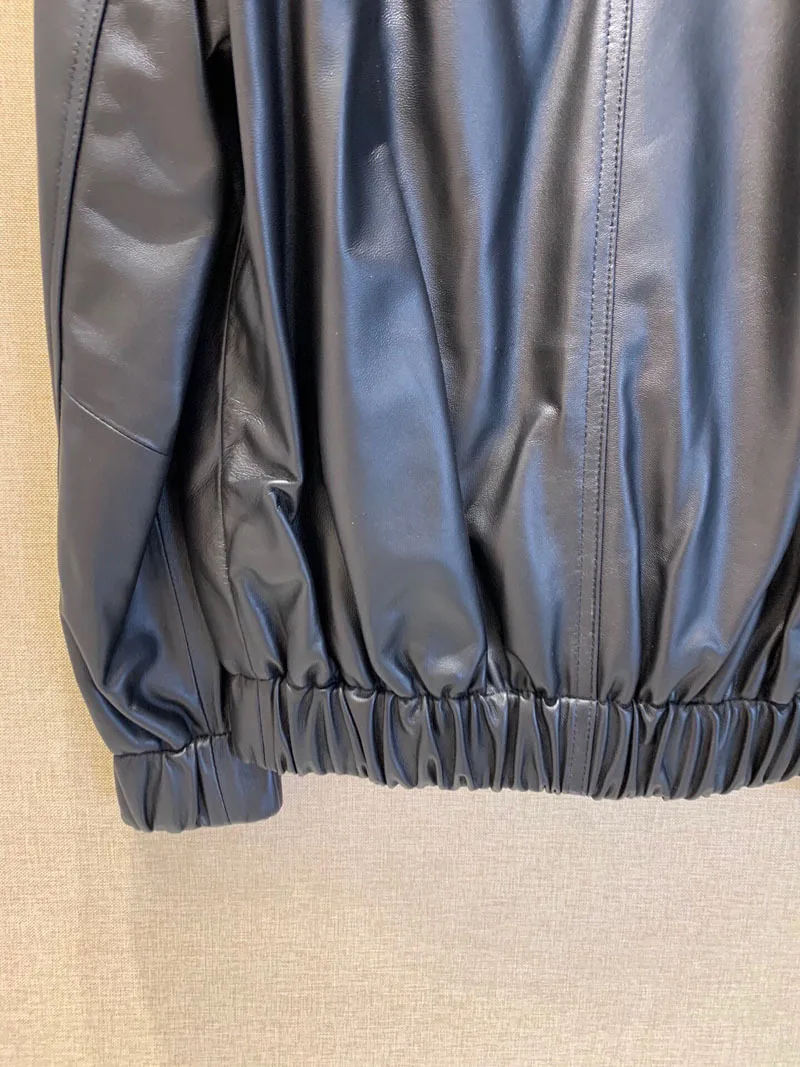 Spring Autumn New Designer Women's High Quality Genuine Leather coat Chic V-neck leather jackets C943