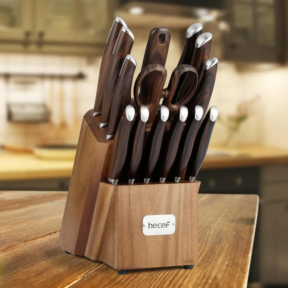 Набор ножей Hecef 15 шт. с блоком из дерева акации премиум-класса коричневый | Дом и