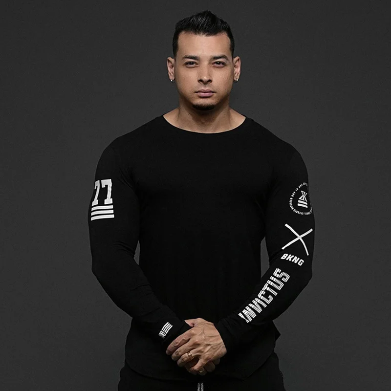 black 02 Новые спортивные мужские s рубашки для тренировки с длинными рукавами, футболки для бега, спортивный хлопковый топ, эластичная спортивная одежда, мужская футболка с принтом больших размеров - Цвет: black 02