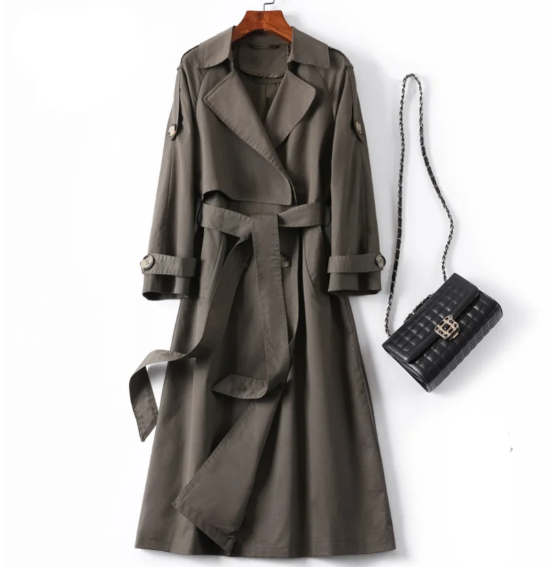 

European And American Spring Autumn New Windbreaker Women's British Style Long Over-The-Knee Coat Free Shipping