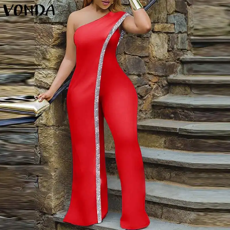 

VONDA Women Summer Sexy One Shoulder Jumpsuits 2021 Ladies Sleeveless Wide Leg Party Palazzo Casual Overalls Playsuits Pantalon