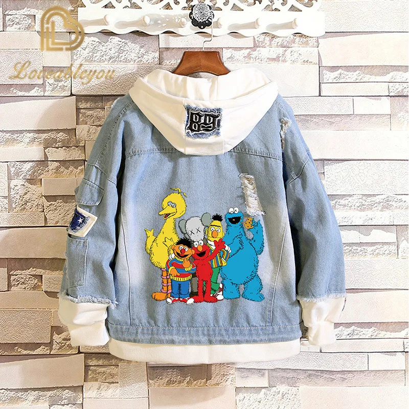 

Hot Sale Sesame Street Denim Jacket Elmo Cosplay Spring Autumn Jeans Hooded Sweatshirt Men Women Costume Streetwear Coats