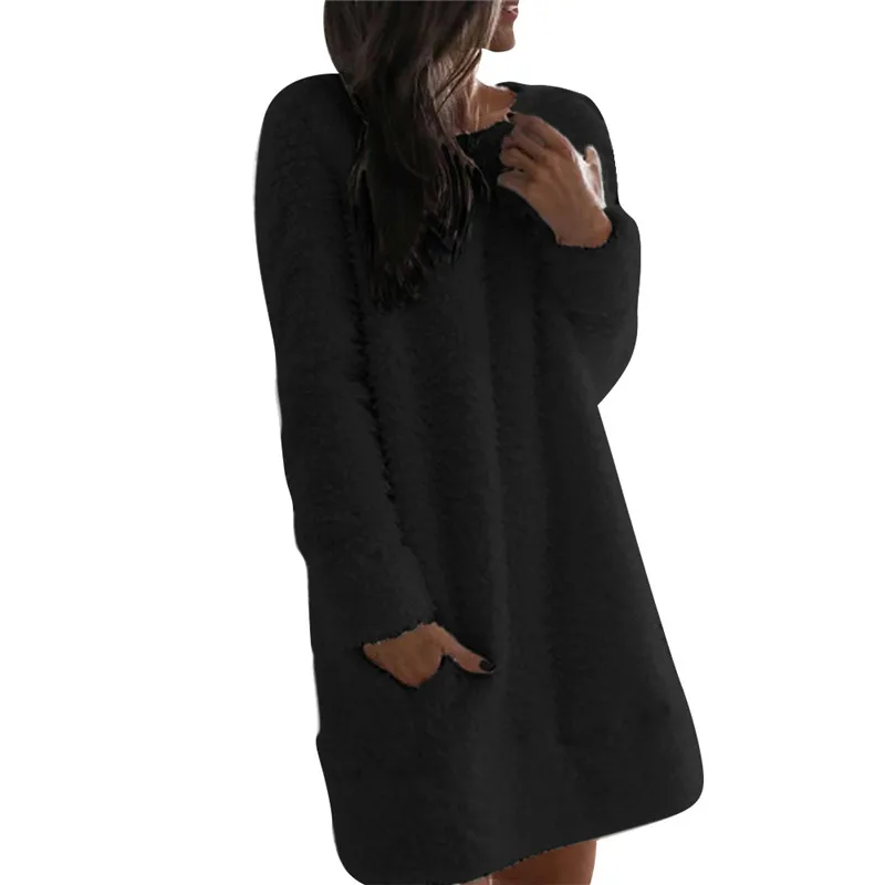 

Women Dresses Fashion Furry Comfortable O Neck Long Sleeve A-line Short Dress Mini Dresses 2020 Autumn Winter Warm Casual Wear
