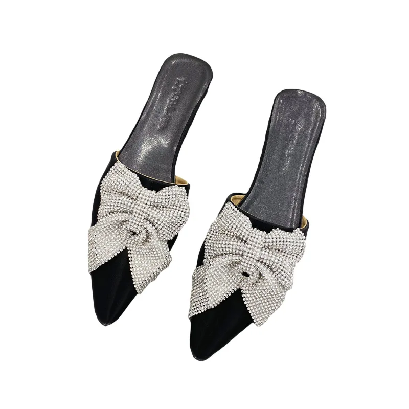 

Pointed Toe Shoes Woman 2021 Shallow Butterfly-Knot Slippers Casual Pantofle Glitter Slides Luxury Flat New Jelly Crystal PU Bas
