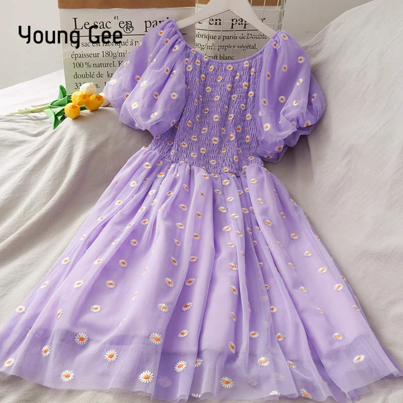Young Gee Women Dresses Summer Sexy Ruffle Short Sleeve A Line Daisy Floral Embroidery Wrap Sundress Sexy Square Collar Dress