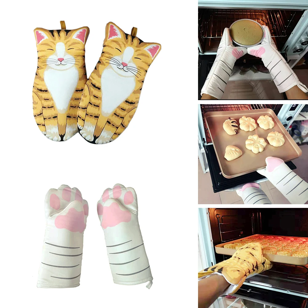 

1 Pair Non-Slip Oven Mitts Long Cotton Baking Insulation Microwave GlovesHeat Resistant 3D Cartoon Cat Paws Kitchen Gloves Tool