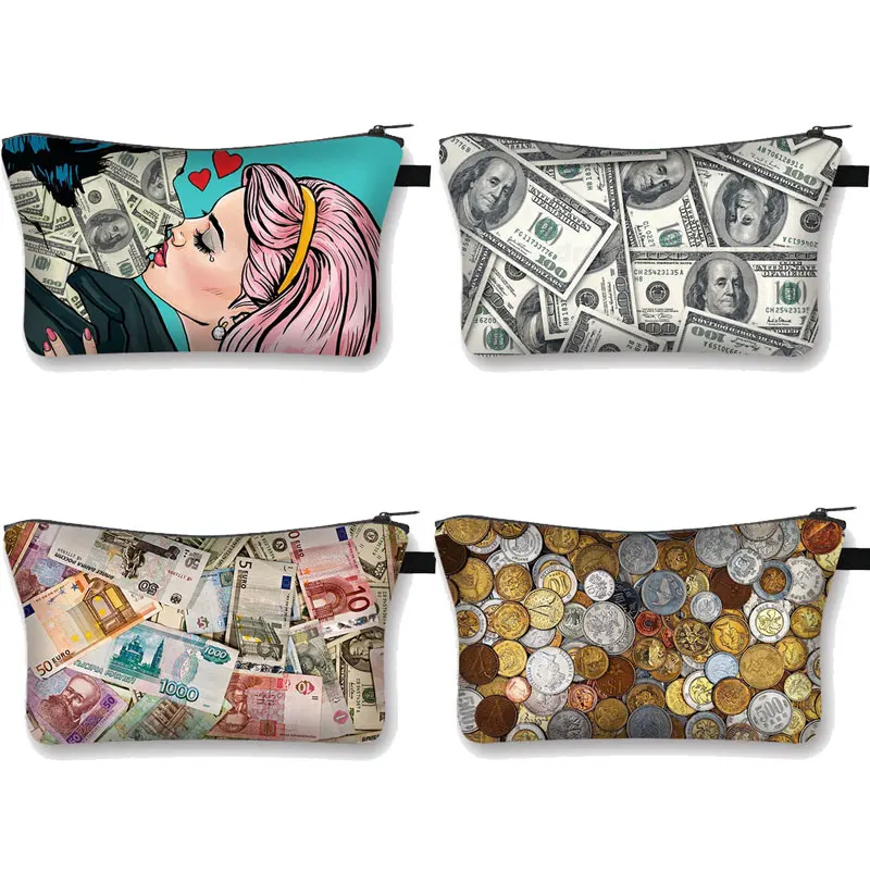 

Косметичка с забавными монетами и художественным принтом, женская косметичка для макияжа, дамские сумки для хранения губной помады для путешествий, косметичка для девочек, подарок