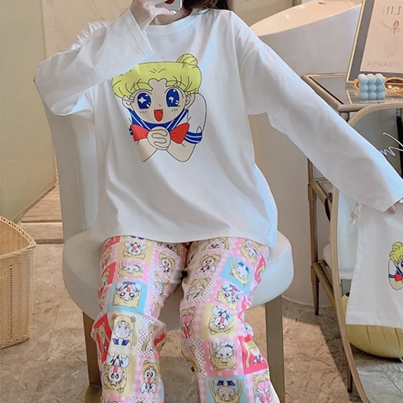

Tonngirls Kawaii Sailor Moon Print Women's Pajamas Set Long-sleeve Pajamas Cute Pink Cartoon Female Homewear Casual Sleepwear