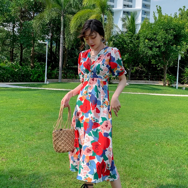 

Women Long Floral Dress Summer 2021 Vintage Runway Elegant Puff Sleeve Boho Korean Sea Beach Vacation Party Dresses Vestidos New