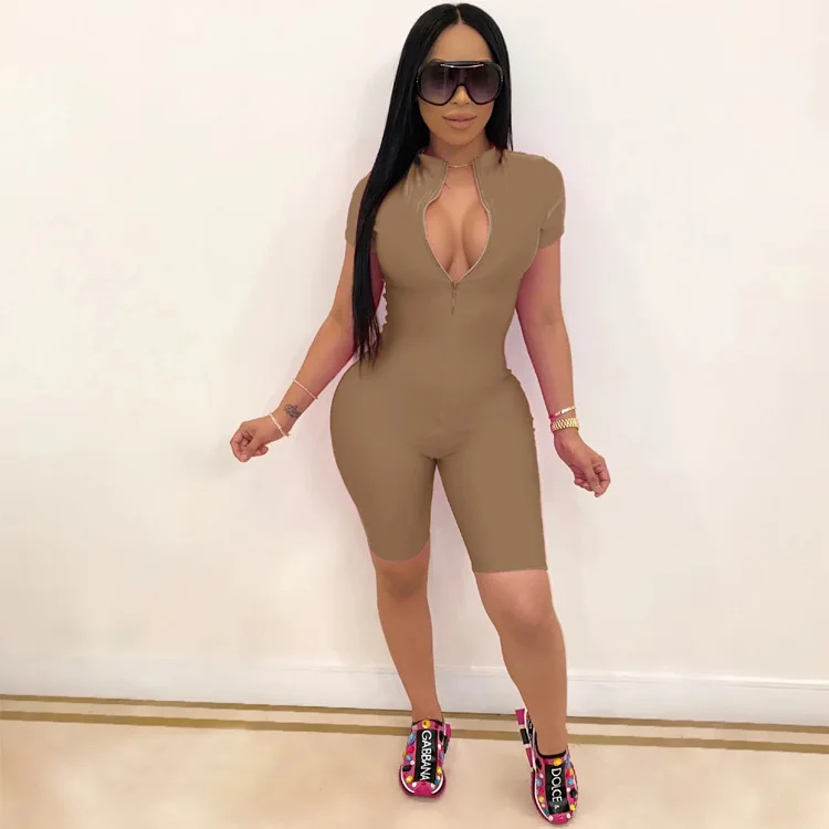 

2021 Sexy Zipper Solid Color Sleeveless Hollow Out Casual Party Women One Pieces Short Jumpsuits