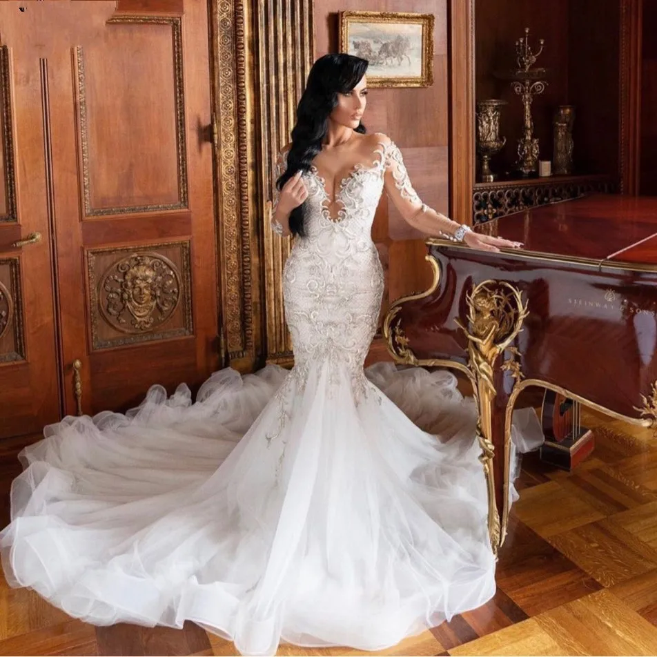 

Saudi Arabic Mermaid Wedding Dresses Long Sleeves Trouwjurk 2021 Sexy Sheer V Neck Beads Bridal Gown Vestido De Noiva Mariee