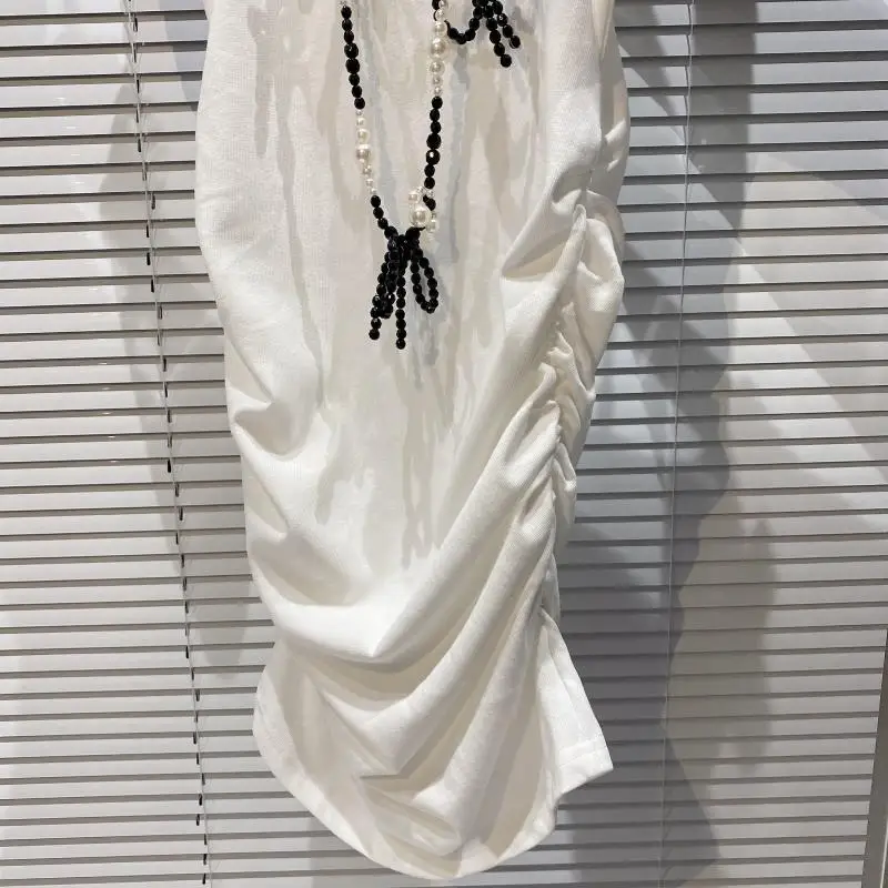 

2021 Summer Ladies New Elegant Pearls Chain Drawstring Elastic Slim Midi Dress Women Fashion Solid Square Collar Pullover Dress