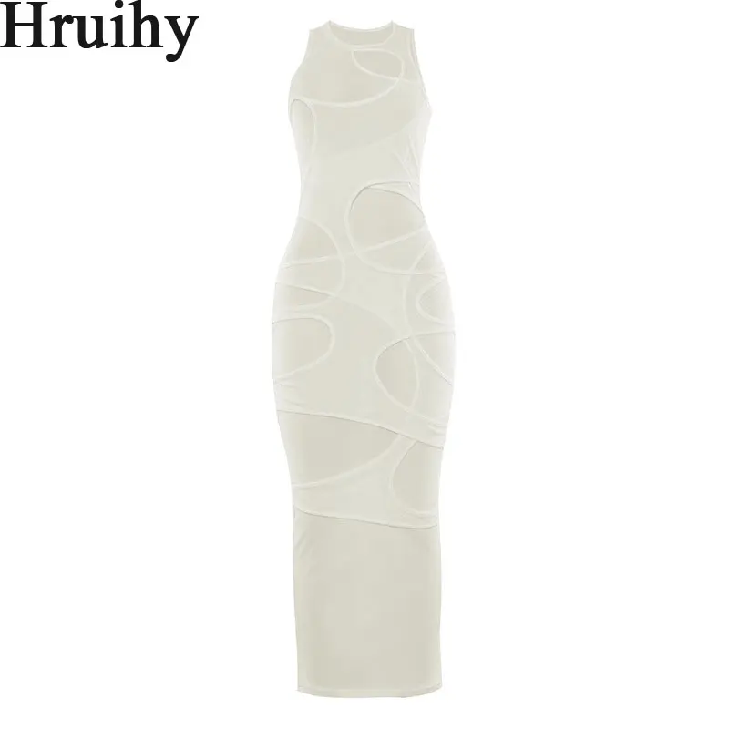 

Fashion Maxi Dress New Solid Color Hollow Out Woman Dress Elegant Skinny Ankle-Length Sleeveless Casual Dress for Women