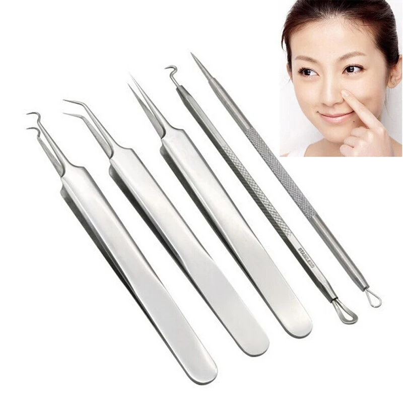 

5PC Stainless Steel Face Acne Blackhead Remover Needles Extractor Pimple Blemish Comedone Removal Kit Double Head Face Care Tool