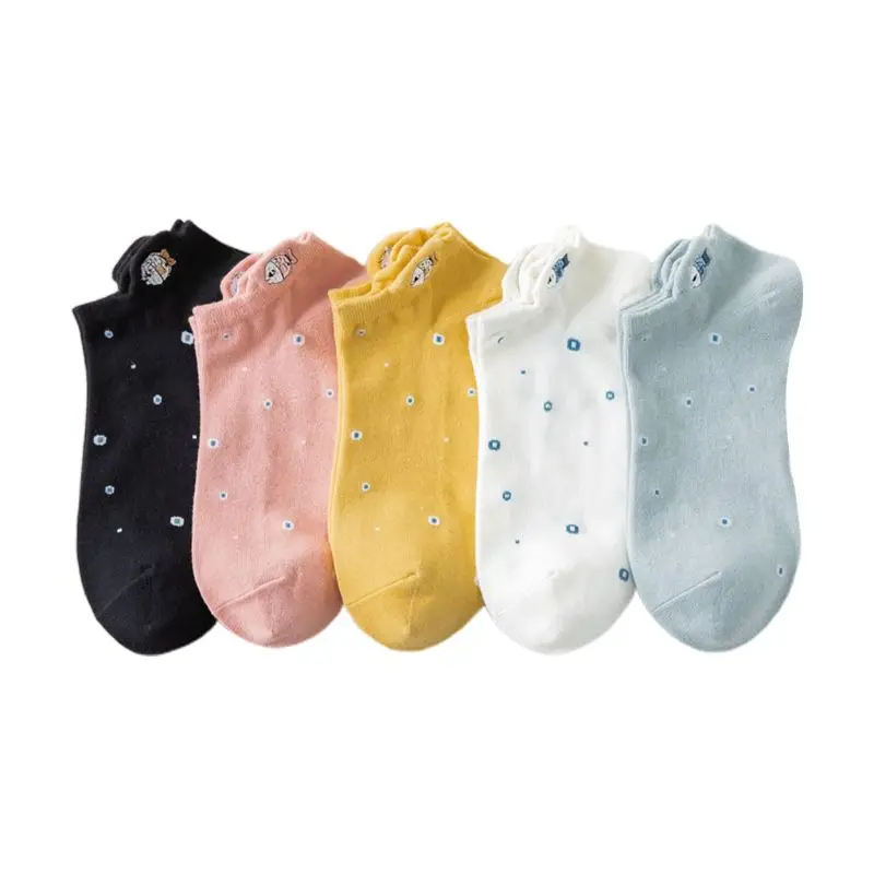 

5 Pairs Women Low Cut Short Boat Socks Cartoon Fish Embroidery Cotton Hosiery