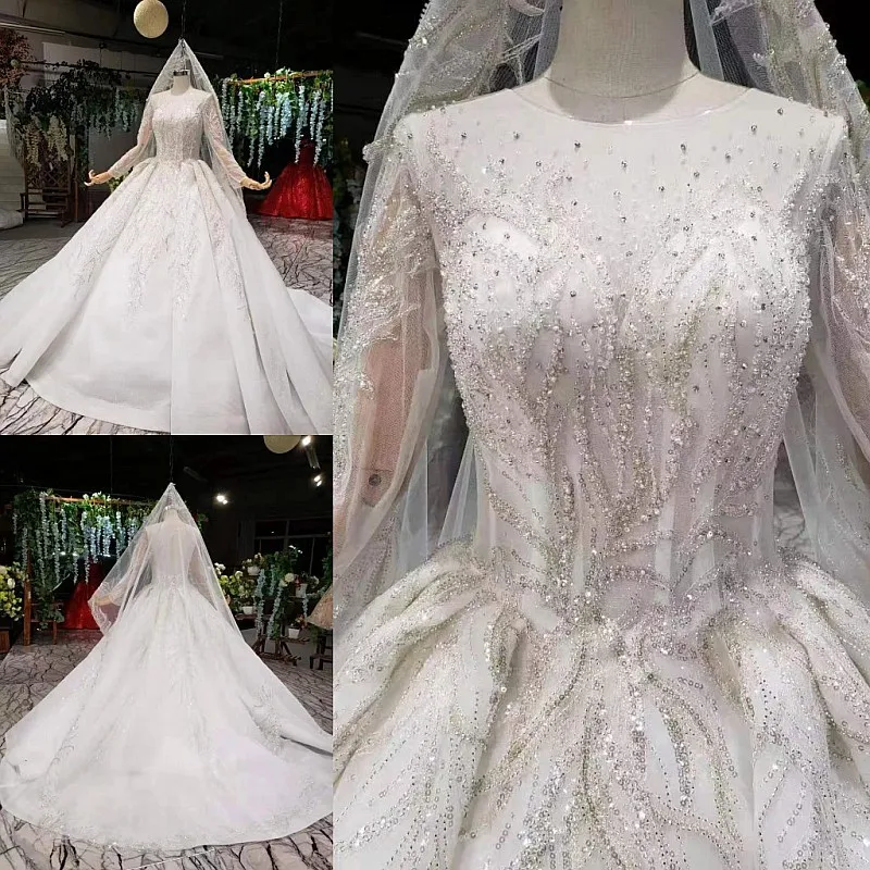 Богемное свадебное платье белого цвета с круглым вырезом и длинным рукавом из