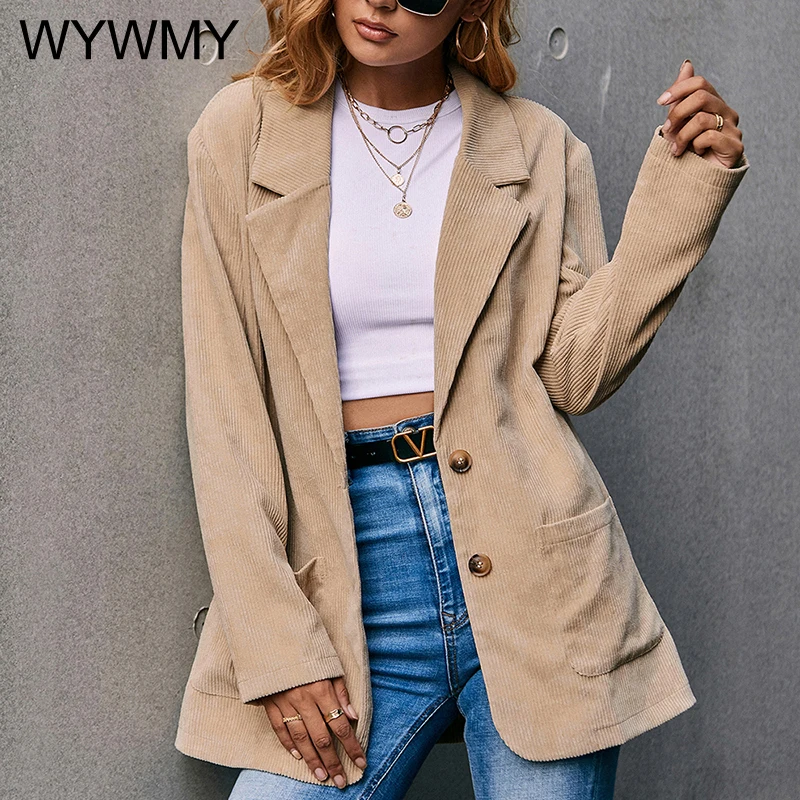 

WYWMY Corduroy Single Breasted Blazer Women Coat Elegant Windbreaker Female Blazers And Jackets Chic Button Office Suit Coat Top
