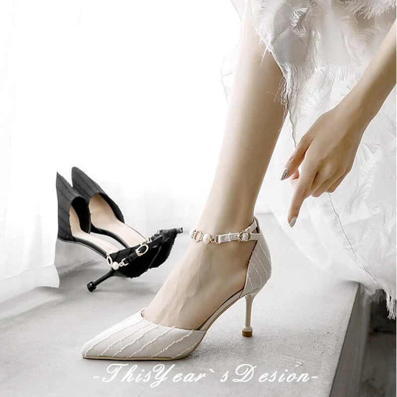 

Pointed Heel Woman Dress Shoes with Pearls Stiletto Heels Women Sandals Retro Vintage Shoes Woman Pumps Womens Heels