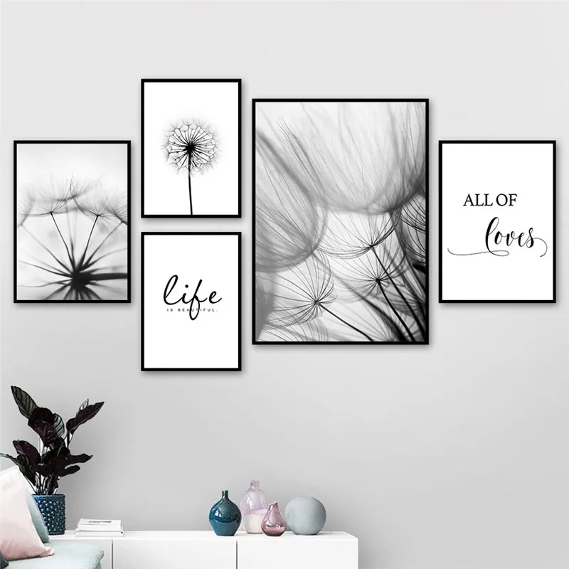 

Nordic Dandelion Art Canvas Painting Posters And Prints Black White Loves Life Quotes Wall Pictures For Living Room Decor