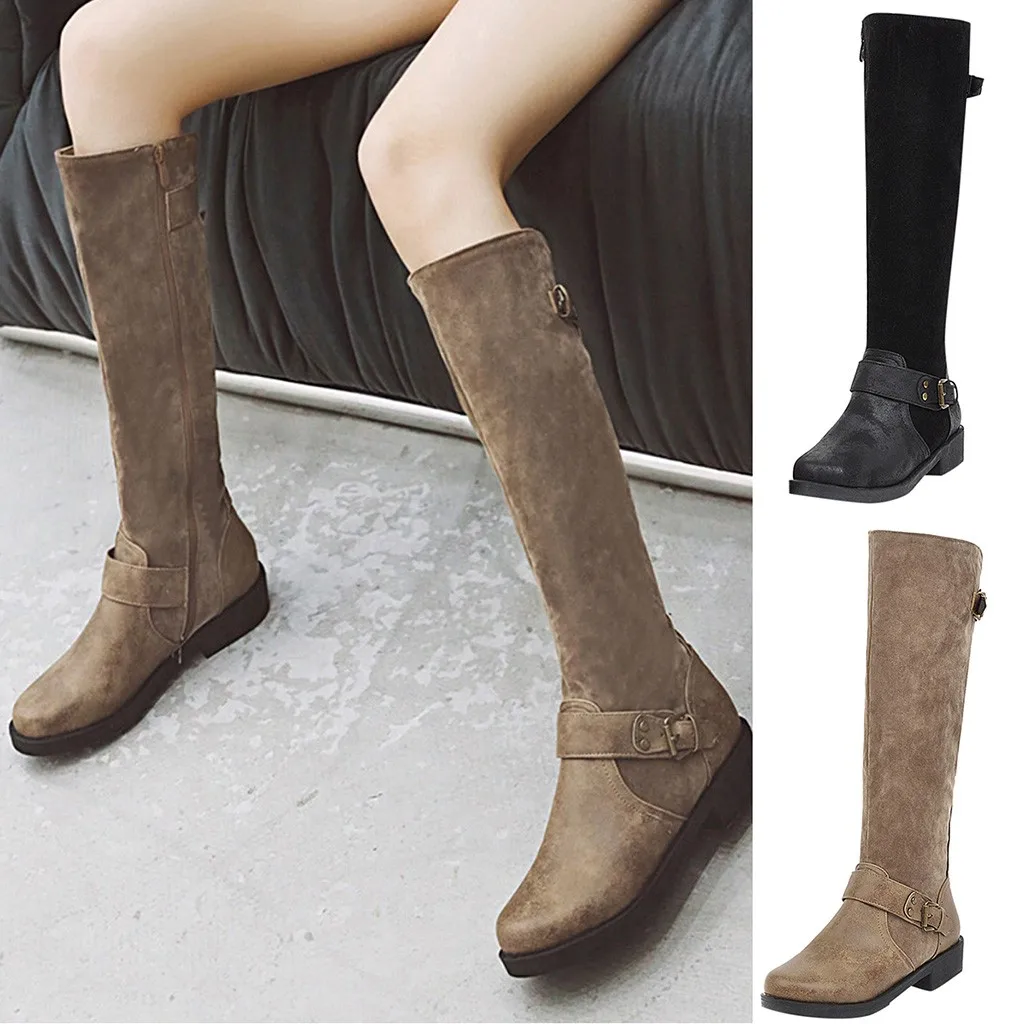 Весенне-осенние сапоги до колена с круглым носком женские высокие пряжкой на