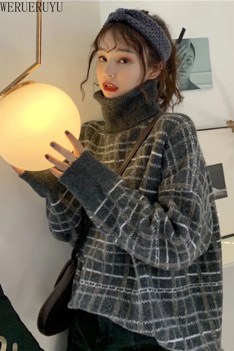 

WERUERUYU turtleneck plaid women sweater Autumn winter long sleeve knitted sweater female Streetwear ladies pullover jumper