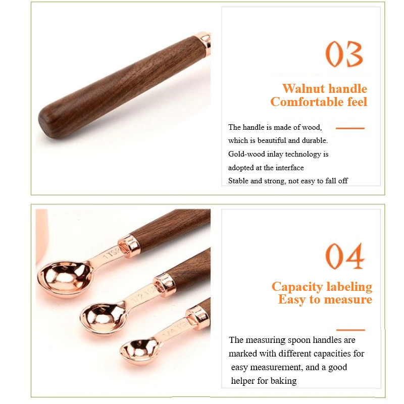 

Set Rosewood Handle Rose Gold Scale Spoon Baking Measuring Spoon Coffee Scoops 4pcs/set Stainless Steel Measuring Spoon