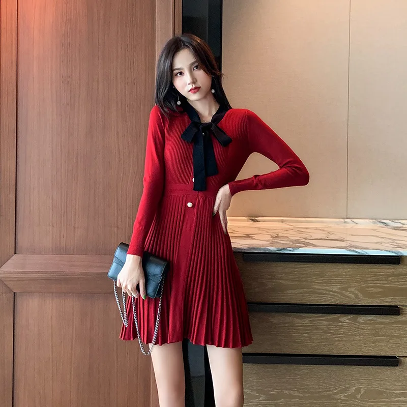 2019 осенне зимнее трикотажное платье свитер женское элегантное тонкое с длинными