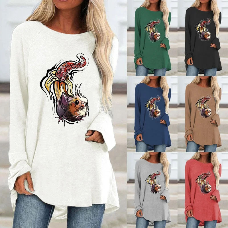 

Women Clothing Autumn and Winter Fashion Printing Graphic Tee Long Sleeve Round Neck Loose Shirt Casual Shirt-tops