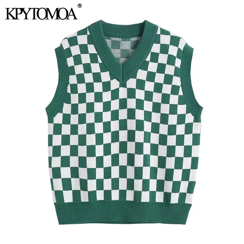 

KPYTOMOA женский 2021 модный Свободный Трикотажный жилет в клетку свитер винтажный с V-образным вырезом без рукавов женский жилет шикарные топы