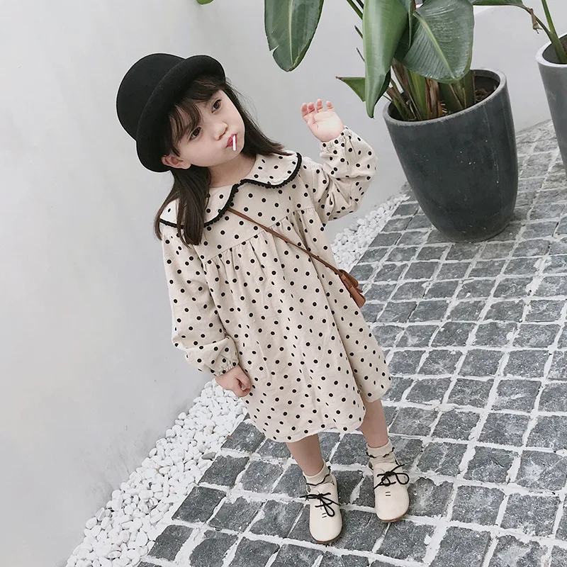 Girls Dress Long Sleeve Spring Dot Printed Princess Cute Cotton Children Casual with Turn-down Collor | Детская одежда и обувь