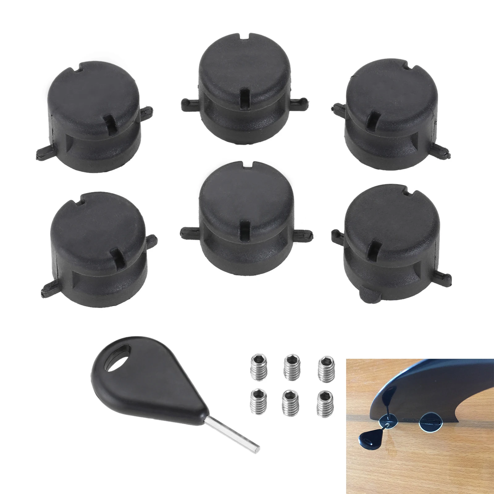 

6pcs Surfboard Tail Rudder Fin Plugs with 6pcs Small Screws and 1pc Hex Key Wrench Surfing Board Tail Accessories Supplies