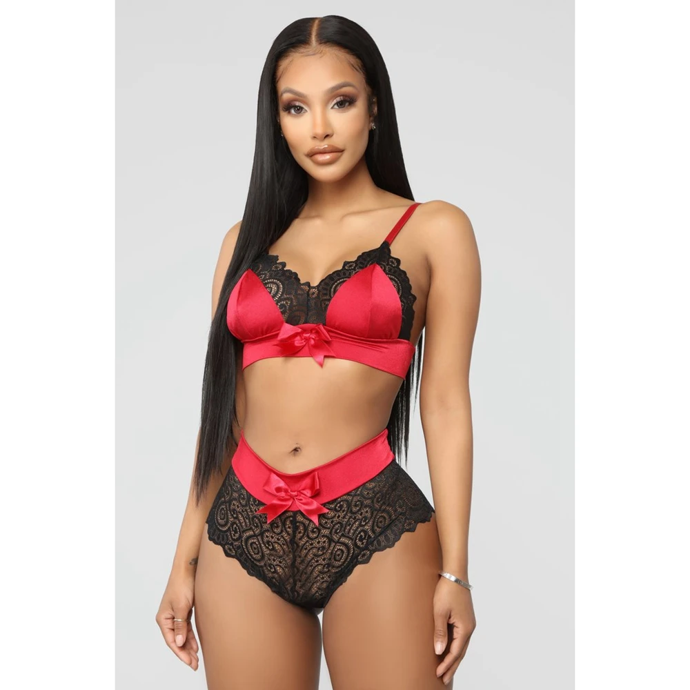 

2Pieces Set Sexy Underwear Lace Bow knot attatched Lingerie V Neck Bra High waist Panties See-through Set Women Intimates Suit