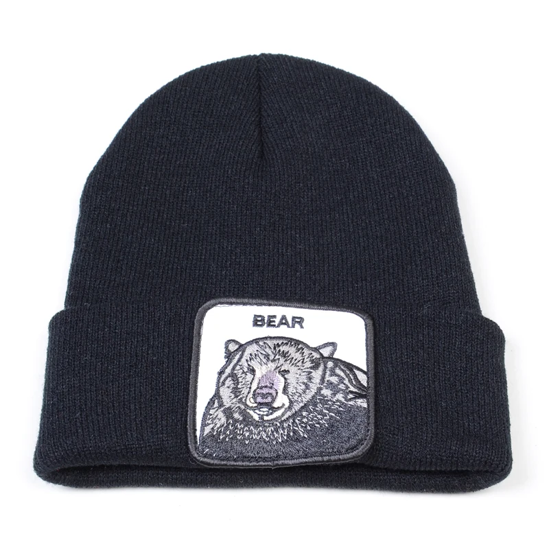 Вязаная Шапка-бини с вышивкой медведя Мужская однотонная осенне-зимняя вязаная