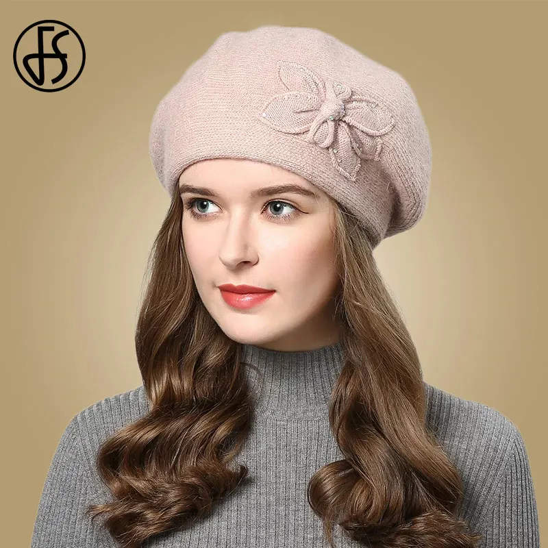 

FS Rabbit Fur Beanies For Women 2020 Solid Color Knitted Hat Winter Skullies Warm Wool Cap Gorros Bonnet Femme