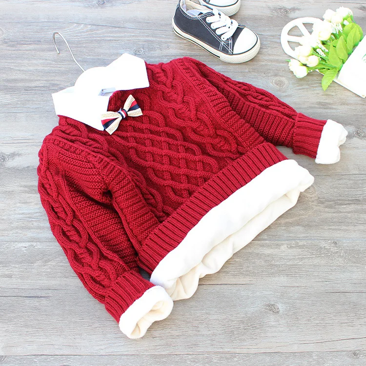 

Boys sweater fake two-piece shirt collar twist wild collar detachable body plus velvet autumn and winter