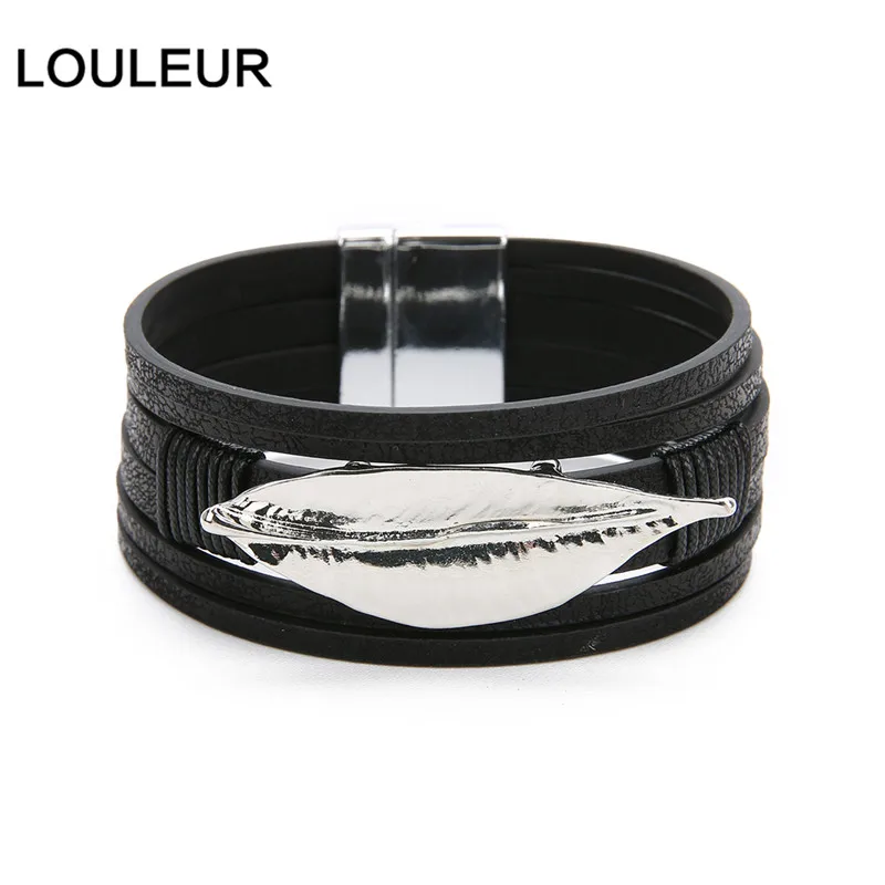 LOULEUR, красный сплав, листья, многослойный кожаный браслет для женщин, Ретро стиль, богемное очарование, широкие браслеты и браслеты, ювелирное изделие, подарок