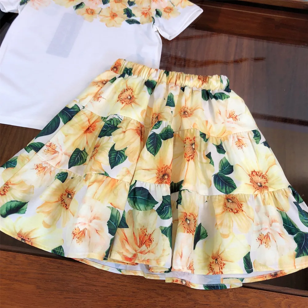 

2 To 12Years Old Summer Girl Sets Baby Children's Clothing Cute Flower Print T-Shirt+Skirt 2Pcs Outfit Designer Kids For Clothes