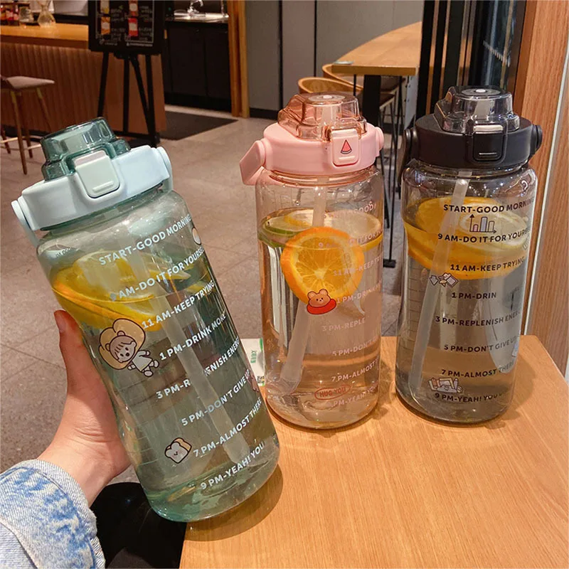 

2L Sports Straw Water Bottle with Stickers Portable Large Capacity Fitness Bike Cup Summer Ice Cold Water Jug with Time Marker