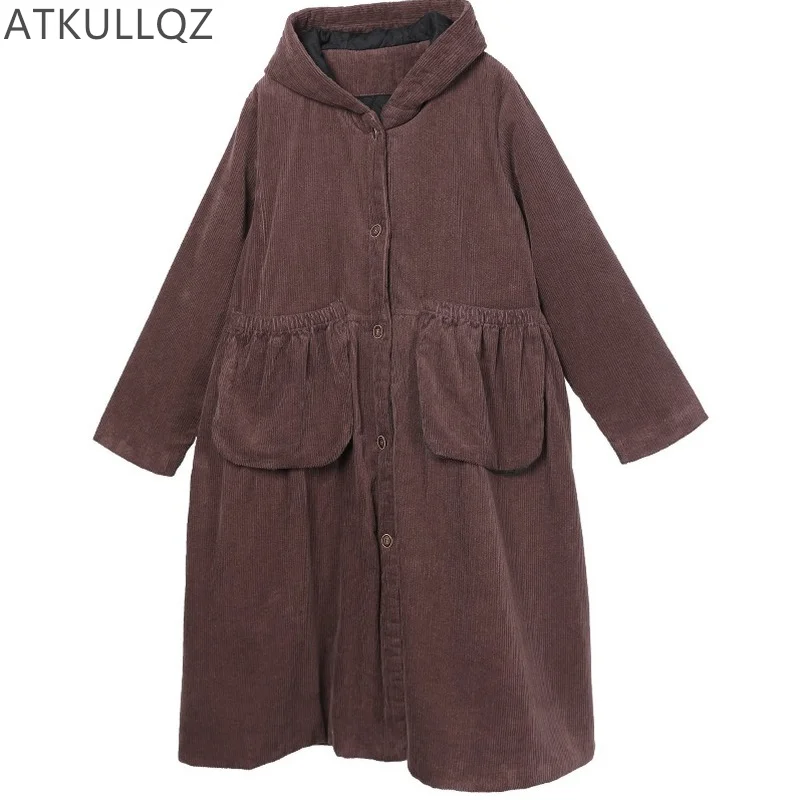 

Женское вельветовое пальто, Свободное длинное хлопковое пальто с капюшоном в Корейском стиле ретро, Осень-зима 2021