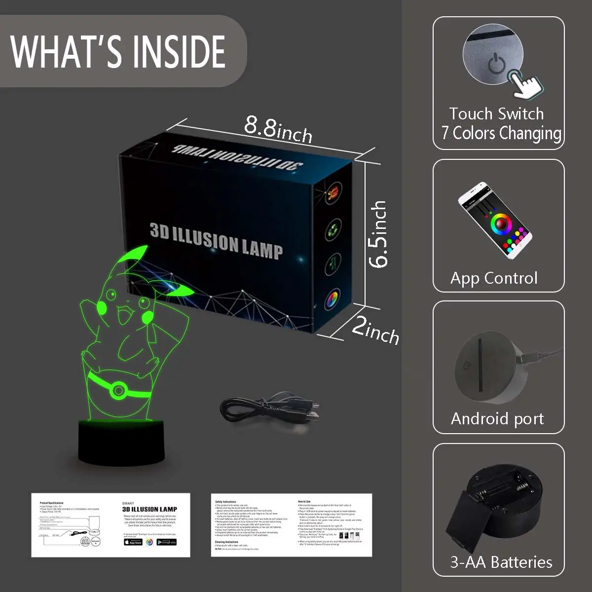 NiteApps 3D Покемон Пикачу ночник настольная иллюзия Лампа подарок на день рождения приложение/сенсорный контроль