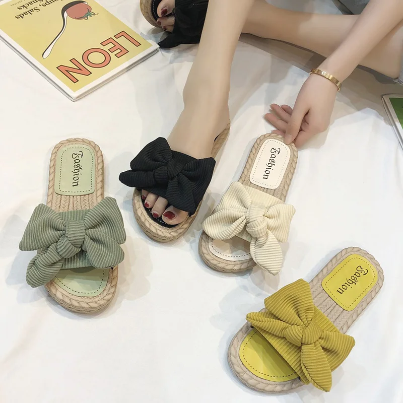 

Shoes Woman 2021 Slippers Soft Lady Butterfly-Knot Luxury Slides Pantofle Comfort Girl Flat Designer New PU Basic Shoes Women