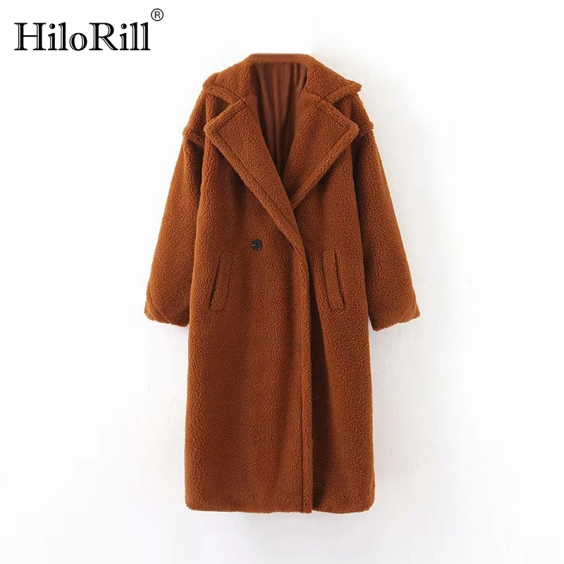 

HiloRill Winter Casual Solid Teddy Coat Women Long Sleeve Fleece Long Jacket Turn Down Collar Lamb Fur Coat Outerwear Fourrure