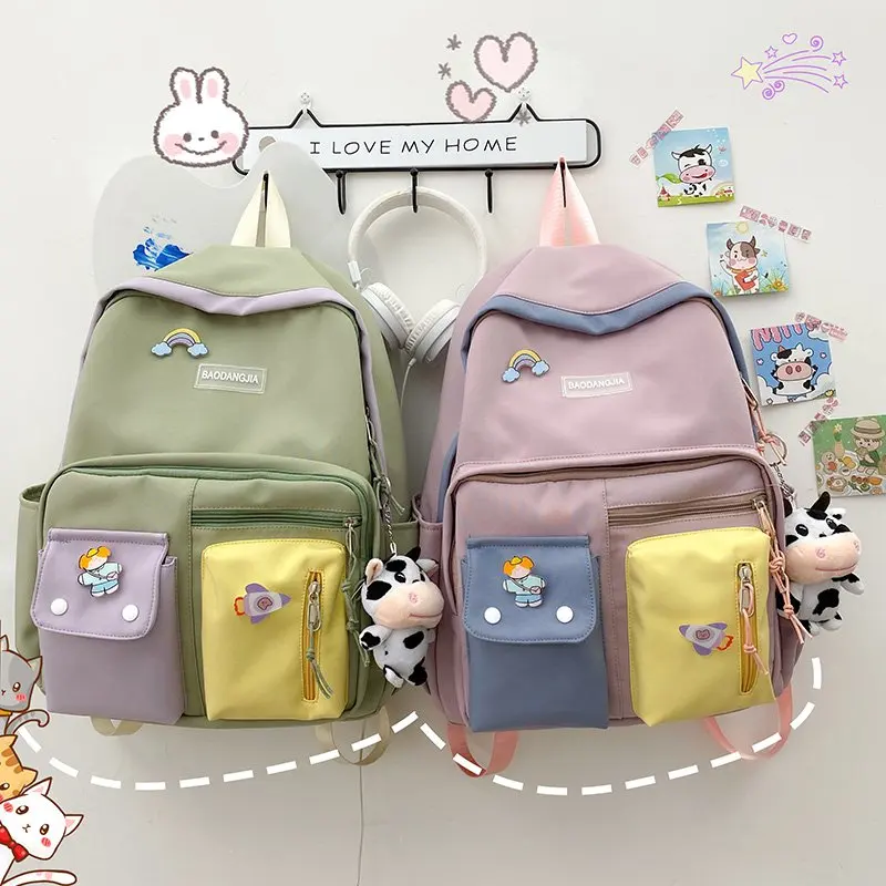 Canvas Schoolbags For Teenage Girls Children Shoulder Bags Trend Female Backpack Fashion for Women with Rainbow Green Pink