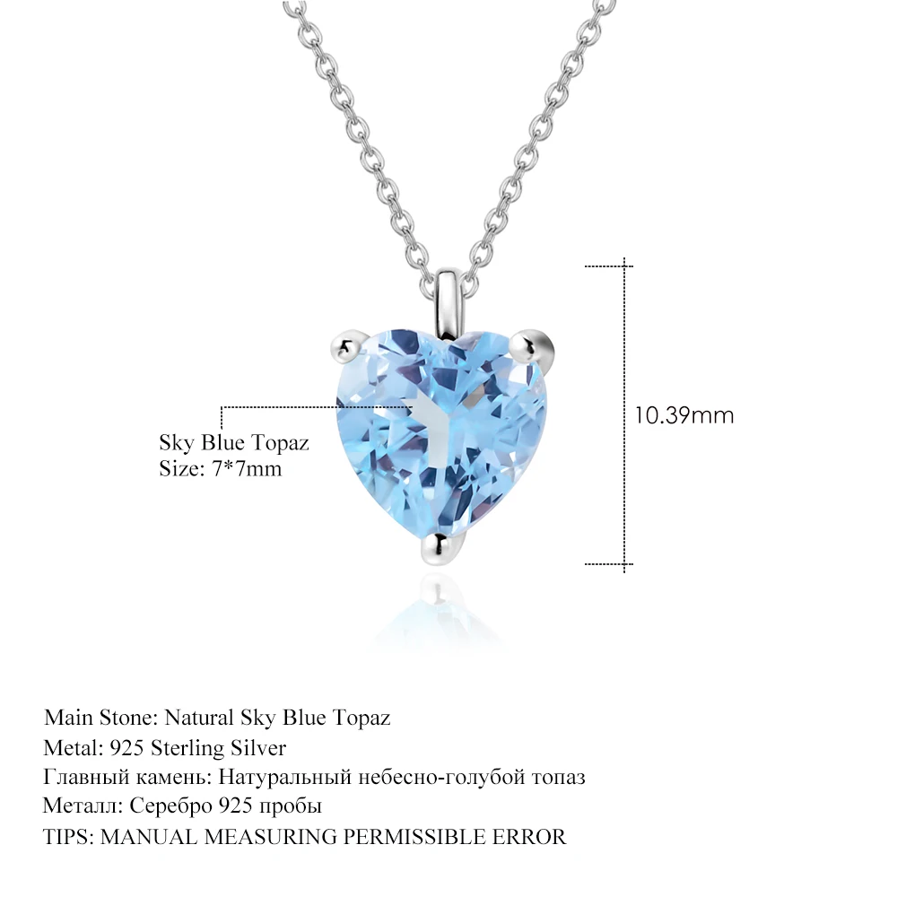 GEM'S BALLET 925 Sterling Silver Heart-shaped Jewelry 1.54 CT Natural Sky Blue Topaz Pendant Necklace Women Gifts