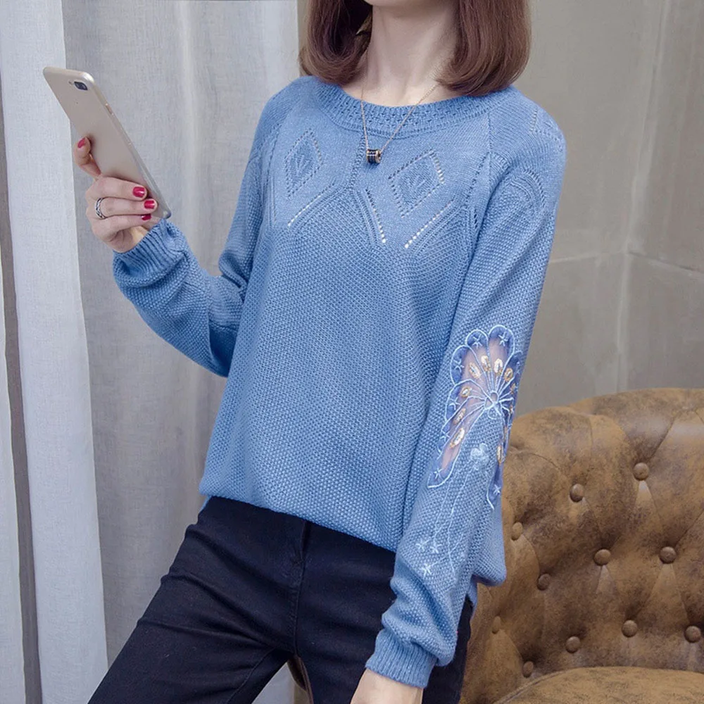 

Korean Version 2021 New Hollow Lace Long-sleeved Sweater Early Spring Women's Loose Slimming Shirt Thin Round Neck Sweaters