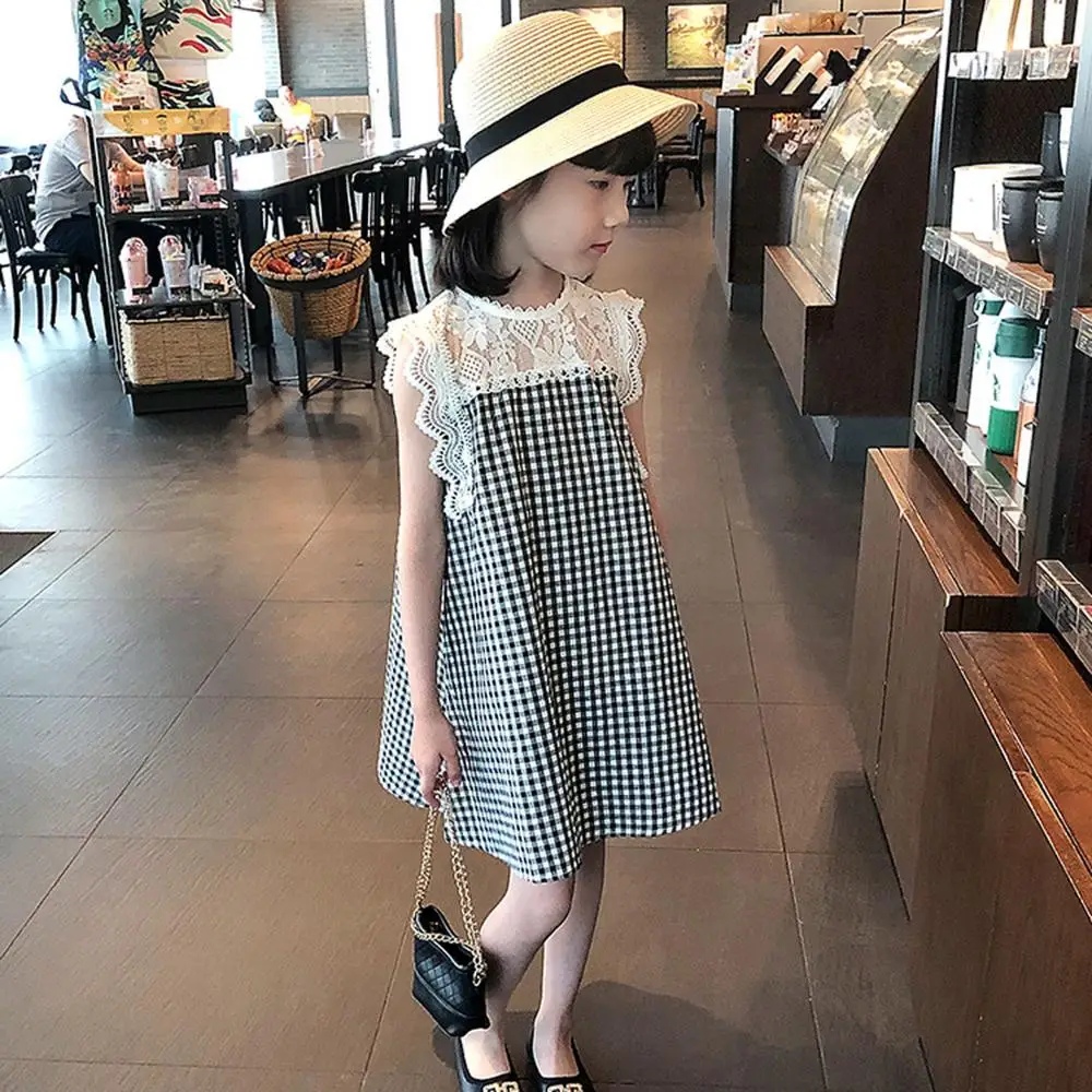 

Kids Dress for Girl Loose Korean Children 2021 Summer Princess Dress Patchwork Lace Girls Plaid Dress teens clothing 4 to 14 yrs