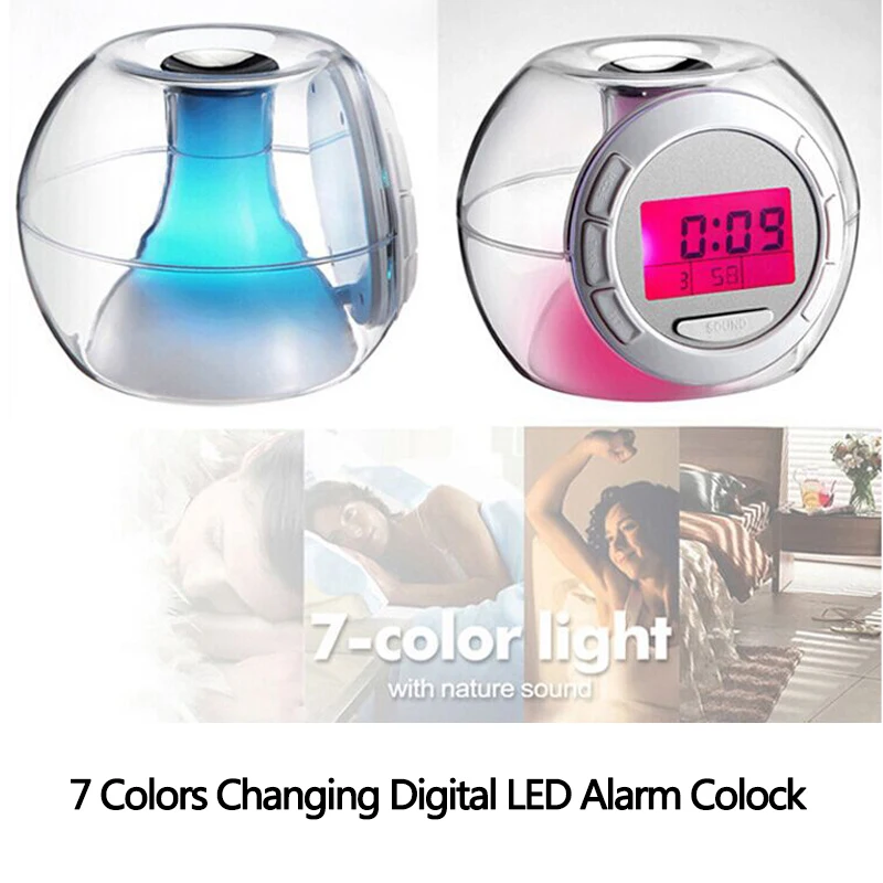 Цифровые электронные часы будильник с 6 естественные звуки 7 цветов меняющийся