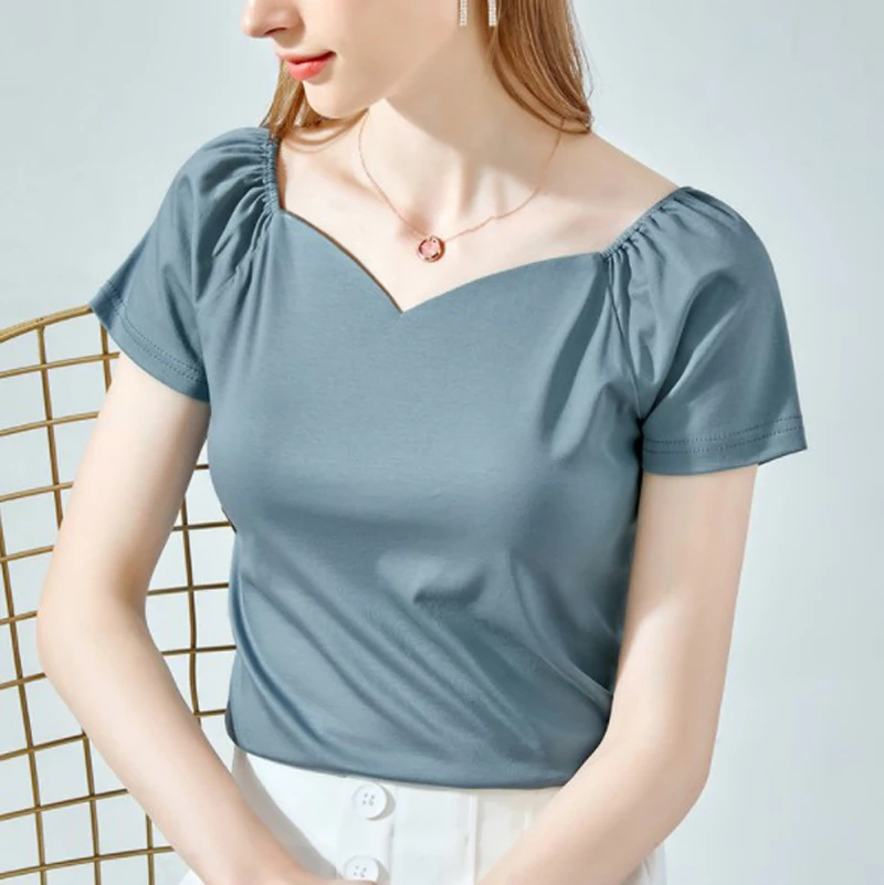 

Cultiseed Women Summer Vintage Slash Neck Solid Mercerized Cotton Short Sleeve T-Shirts Tops Female Elegant Office Party Tees