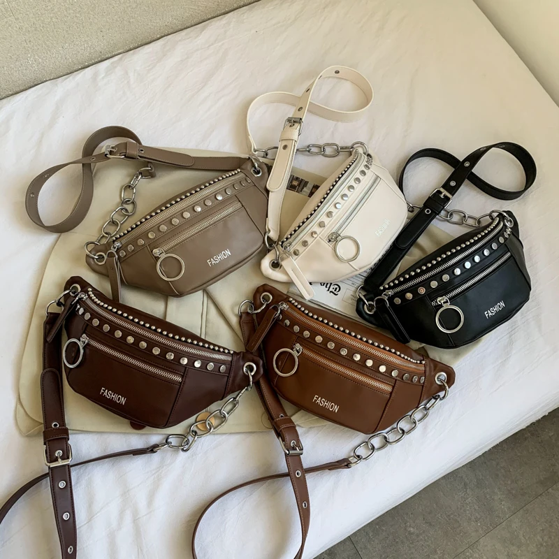 

PU Leather Chest Crossbody Bags For Women 2021 Small Solid Color Shoulder Simple Bag Rivet Lady Waist Handbag Chain Bag
