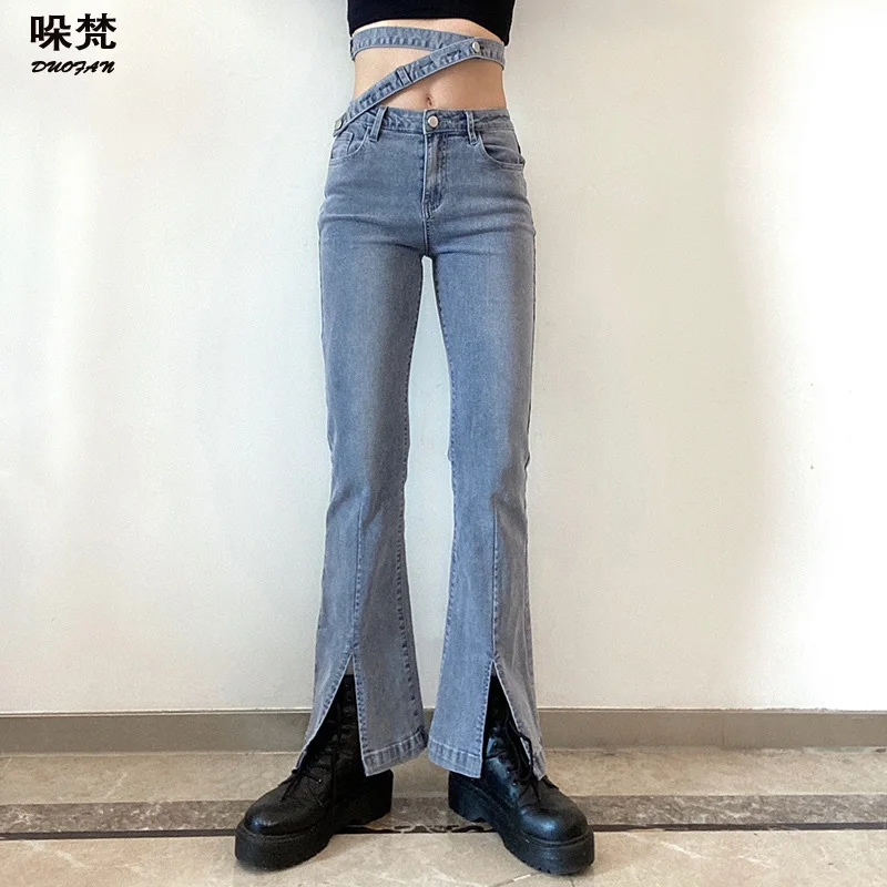 

DUOFAN Y2K Blue Washed Flare Denim Jeans for Women Skinny Side Split High Waisted Jeans Harajuku Vintage Streetwear Pants